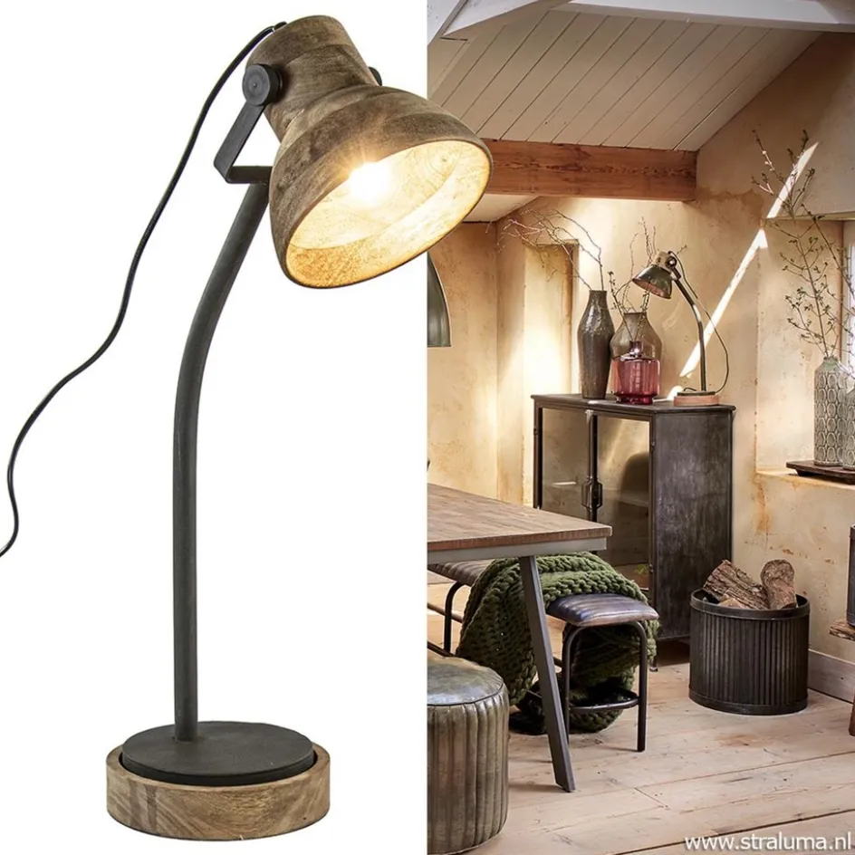 Bureaulamp Imbert mat zwart metaal met hout>Straluma Discount