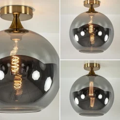 Chique plafondlamp goud met smoke/titanium glazen bol><noscript><img width=