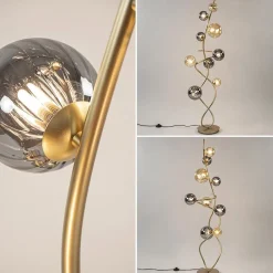 Chique vloerlamp goud met smoke en amber glazen bollen><noscript><img width=