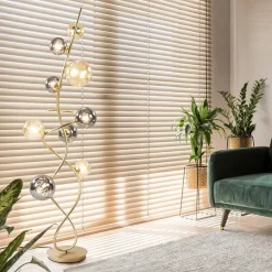 Chique vloerlamp goud met smoke en amber glazen bollen><noscript><img width=