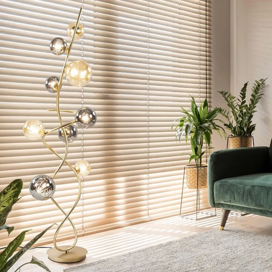 Chique vloerlamp goud met smoke en amber glazen bollen>Straluma