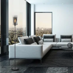 Chique vloerlamp mat zwart met smoke glas cilinder></noscript>Straluma Discount