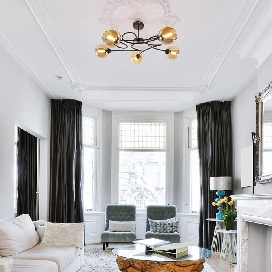 Elegante 5-lichts plafondlamp met amber glazen bollen>Straluma Sale