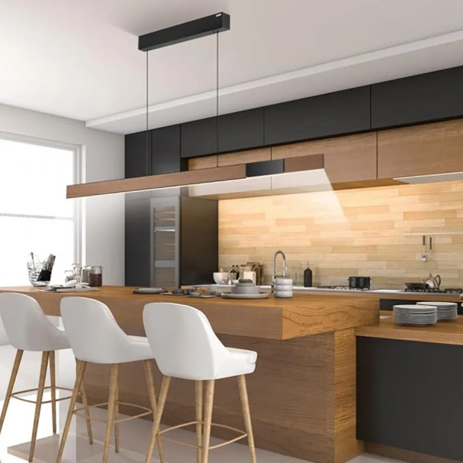 Elektrisch verstelbare LED hanglamp zwart met hout>Straluma Hot