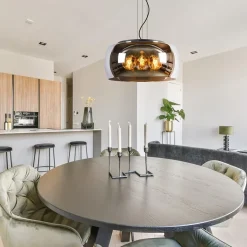 Grote hanglamp zwart met smoke glazen kap><noscript><img width=