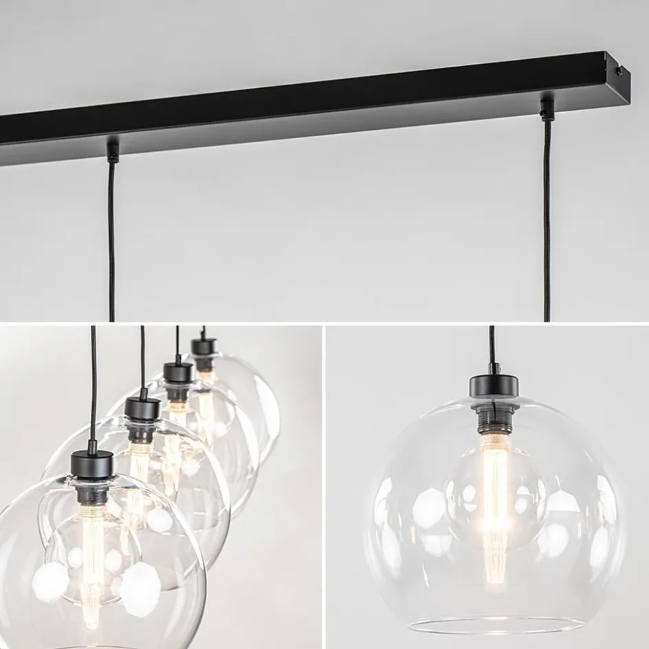 Grote 4-lichts hanglamp zwart met helder glazen bollen>Straluma Outlet