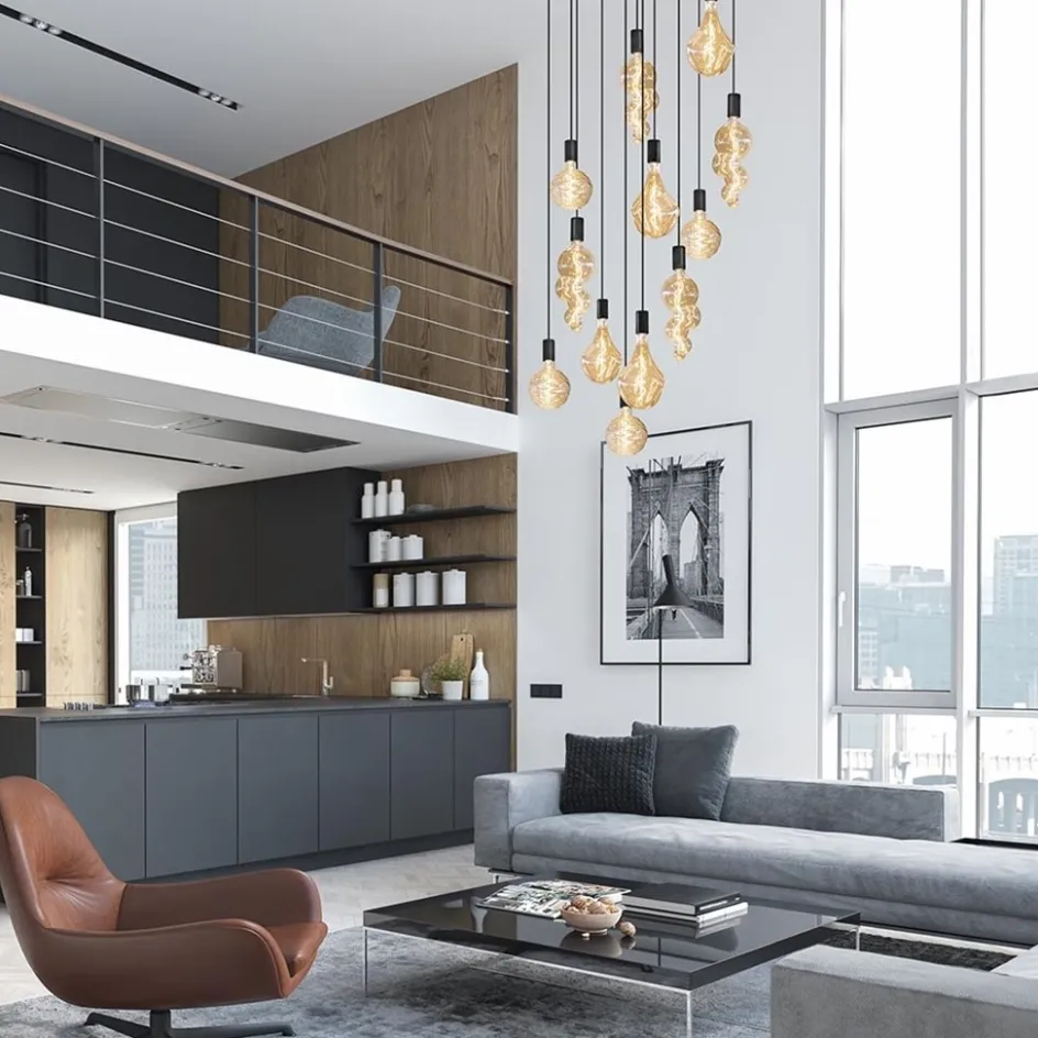 Grote 12-lichts videlamp mat zwart met zwarte pendels>Straluma Sale