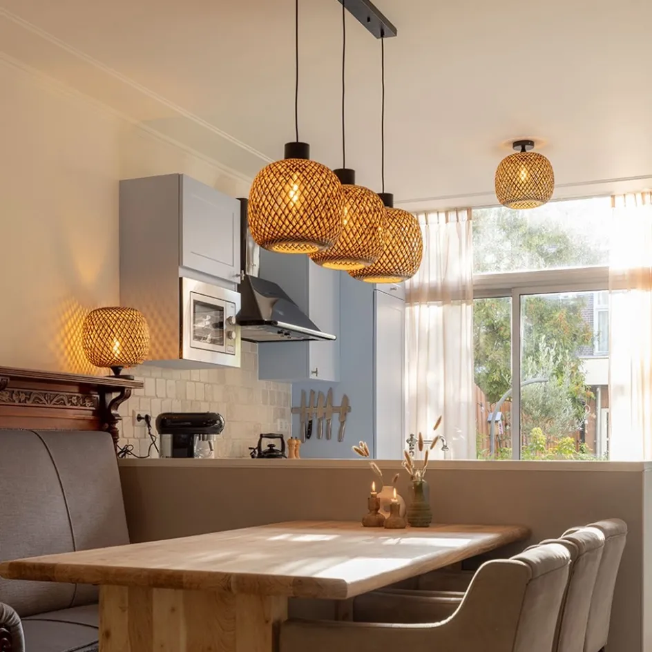 Hanglamp balk 3L zwart + bamboe>Straluma Best