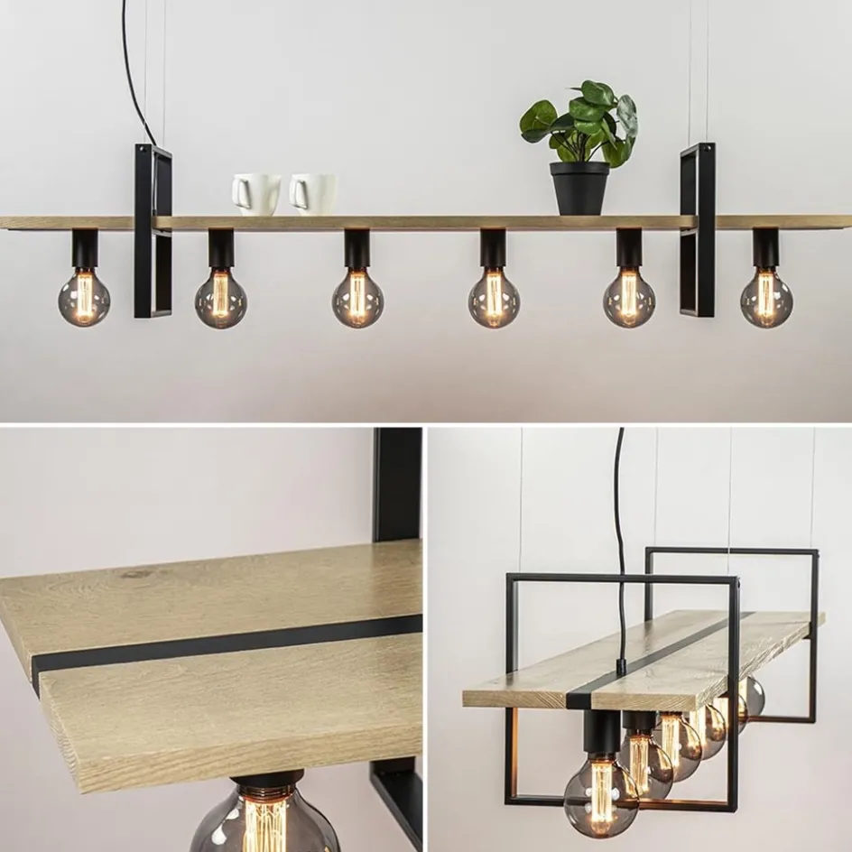Hanglamp 6L zwart met houten planken>Straluma Hot