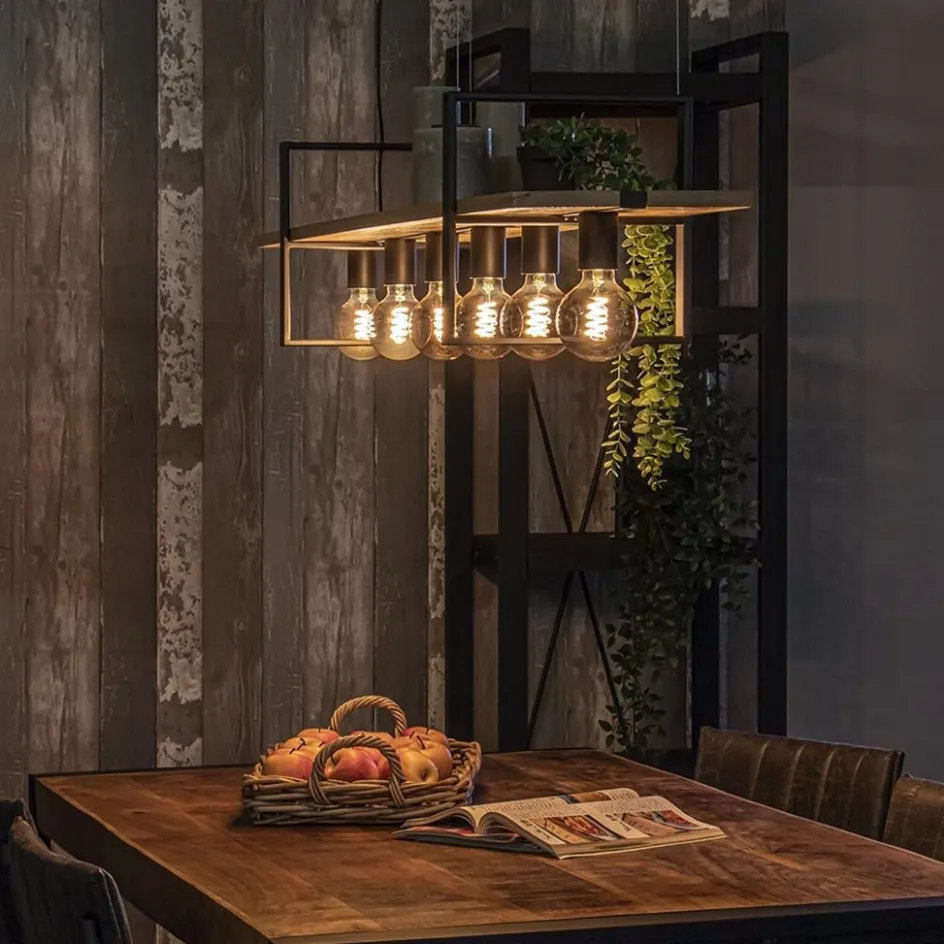 Hanglamp 6L zwart met houten planken>Straluma Hot