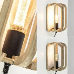 Houten wandlamp met zwarte fitting en snoer><noscript><img width=