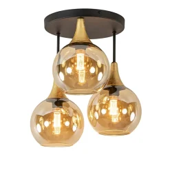 Klassieke plafondlamp zwart/goud met amber glas>Straluma Best
