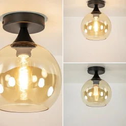 Kleine plafondlamp zwart met amber glazen bol><noscript><img width=