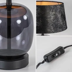 Kleine tafellamp zwart glas met stoffen kap><noscript><img width=