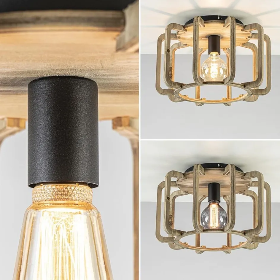 Landelijke plafondlamp ruw hout mat zwart>Straluma Outlet