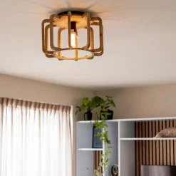 Landelijke plafondlamp ruw hout mat zwart><noscript><img width=