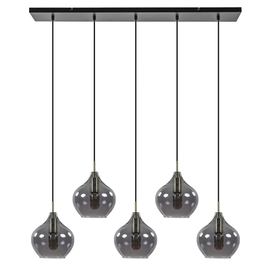 5-Lichts eettafelhanglamp Rakel antiek brass met smoke glas>Straluma Sale