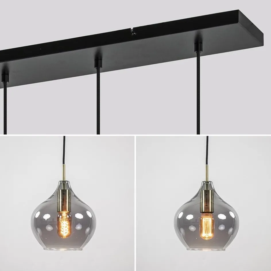 5-Lichts eettafelhanglamp Rakel antiek brass met smoke glas>Straluma Sale