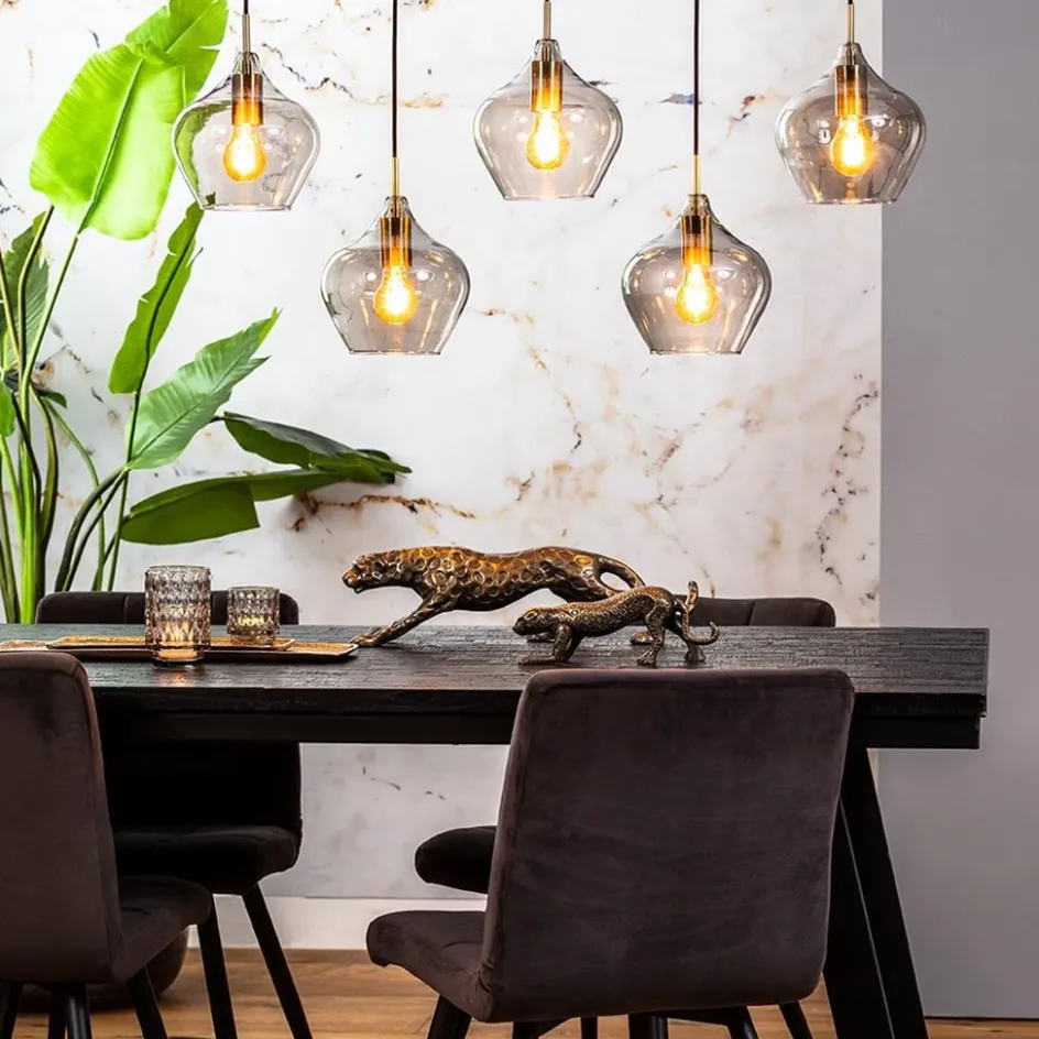 5-Lichts eettafelhanglamp Rakel antiek brass met smoke glas>Straluma Sale