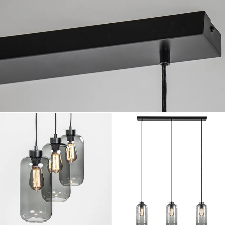 3-Lichts eettafelhanglamp smoke glas cilinder>Straluma