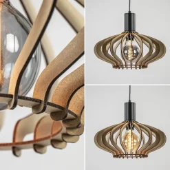 5-Lichts hanglamp zwart met naturel houten kappen><noscript><img width=