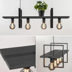 4-Lichts hanglamp zwart met zwarte houten planken><noscript><img width=
