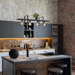 4-Lichts hanglamp zwart met zwarte houten planken><noscript><img width=