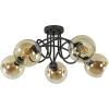 5-Lichts klassieke plafondlamp zwart met amber glazen bollen>Straluma Online