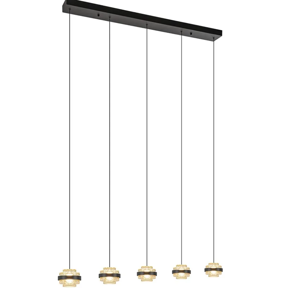 5-Lichts LED eettafelhanglamp zwart met champagne glas>Straluma Discount