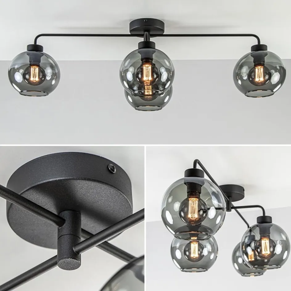 4-Lichts plafondlamp zwart met smoke glazen bollen>Straluma New