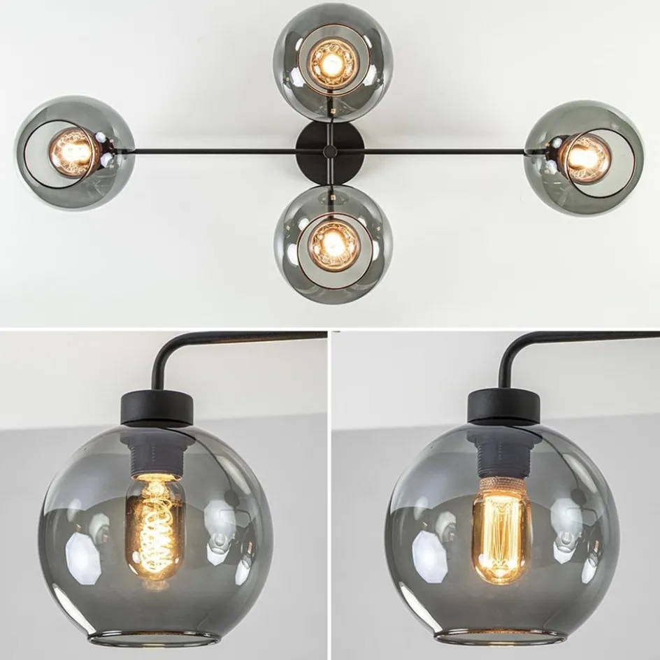 4-Lichts plafondlamp zwart met smoke glazen bollen>Straluma New