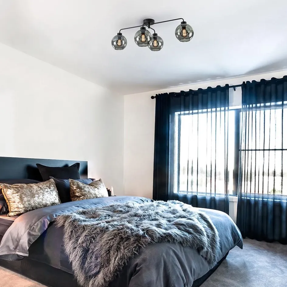 4-Lichts plafondlamp zwart met smoke glazen bollen>Straluma New