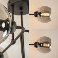 6-Lichts plafondlamp zwart met smoke glazen bollen><noscript><img width=