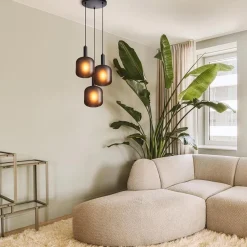 3-Lichts ronde hanglamp mat zwarte glazen kappen><noscript><img width=