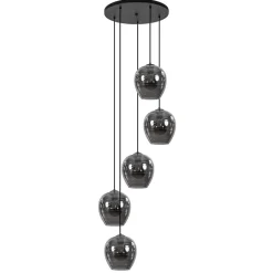 5-Lichts ronde hanglamp zwart met smokey glas>Straluma Best