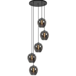 5-Lichts ronde hanglamp zwart met smokey glas>Straluma Best