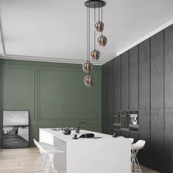 5-Lichts ronde hanglamp zwart met smokey glas><noscript><img width=