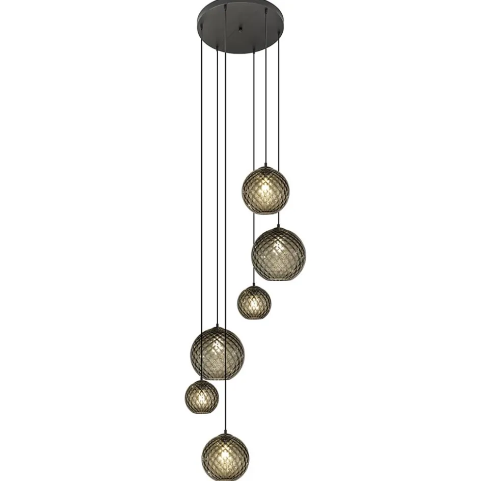 6-Lichts vide hanglamp smoke glas met reliëf>Straluma