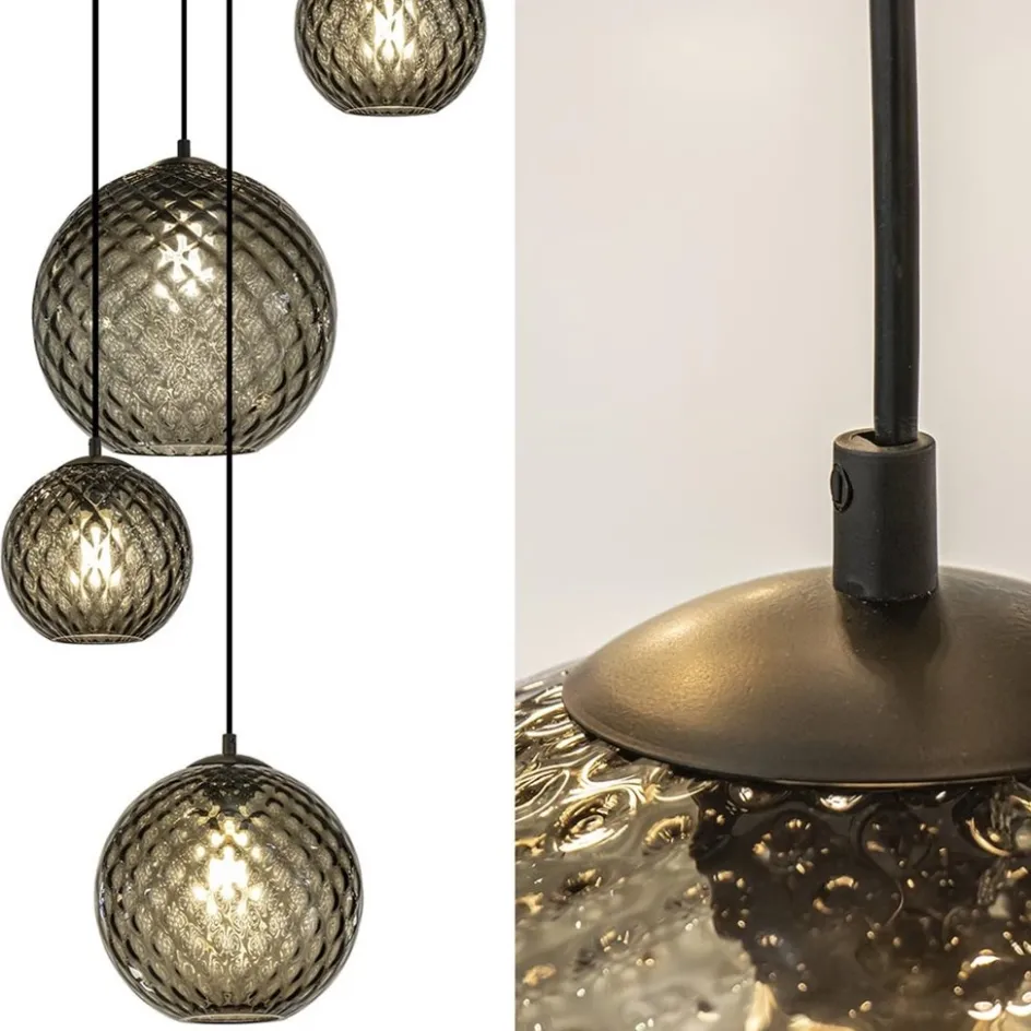 6-Lichts vide hanglamp smoke glas met reliëf>Straluma
