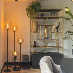 3-Lichts vloerlamp mat zwart met amber glazen bollen><noscript><img width=