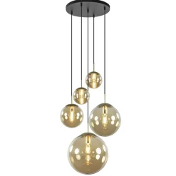 Luxe 5-lichts videlamp messing met amber glazen bollen>Straluma Clearance