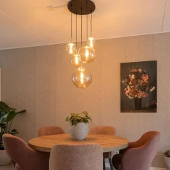 Luxe 5-lichts videlamp messing met amber glazen bollen><noscript><img width=