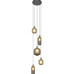 Luxe 5-lichts videlamp zwart/brass met mat zwart glas>Straluma Sale