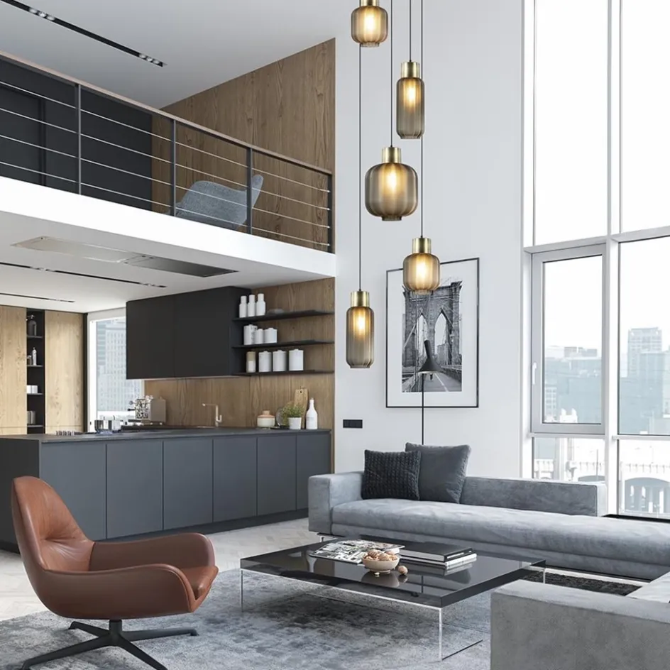 Luxe 5-lichts videlamp zwart/brass met mat zwart glas>Straluma Sale