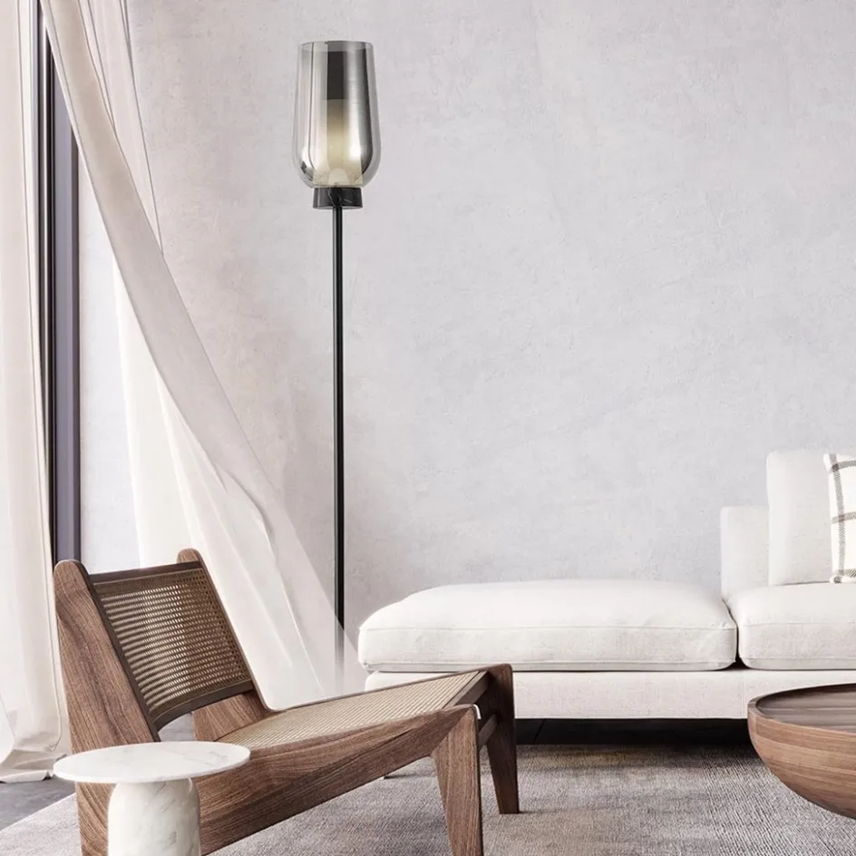 Luxe vloerlamp zwart marmer met smoke glazen kap>Straluma Online