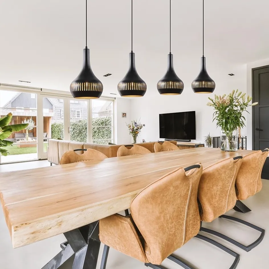 Mat zwarte eettafelhanglamp zwart met goud 4-lichts>Straluma New