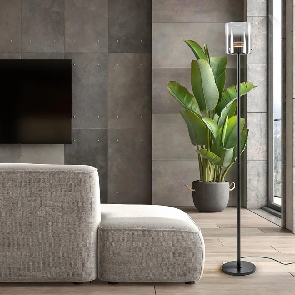 Mat zwarte LED vloerlamp met glazen kap helder/titanium>Straluma Best