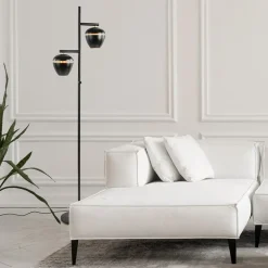 Mat zwarte 2-lichts vloerlamp met gouden accenten><noscript><img width=