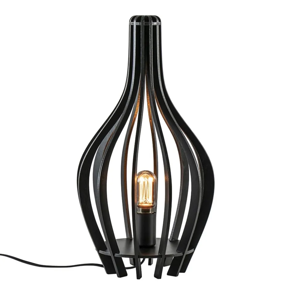 Mat zwarte tafellamp houten kegel>Straluma New