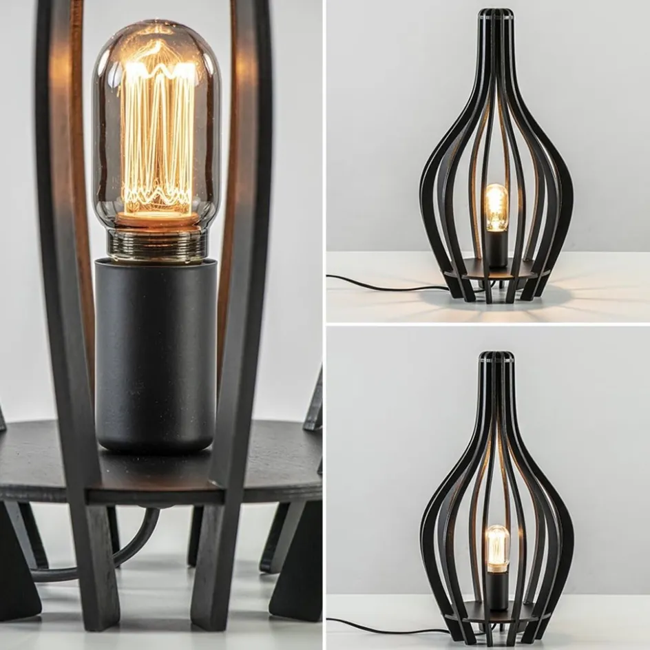 Mat zwarte tafellamp houten kegel>Straluma New